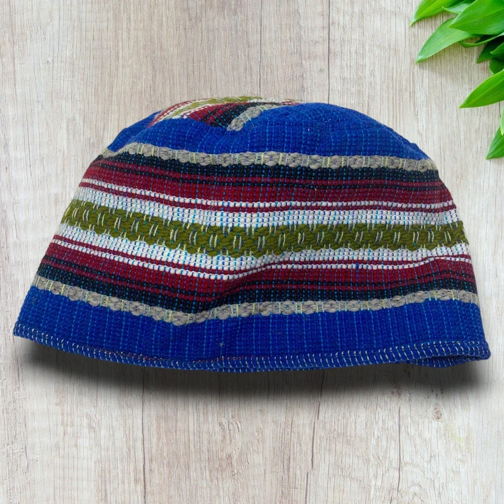 Vintage Guatemalan Woven Textile Pillbox Bucket Hat Artisan Handmade Blue Stripe - Picture 2 of 6